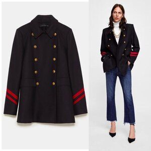Zara Woman - Wool Blend Military Style Coat | Navy Blue & Red Contrast | Large